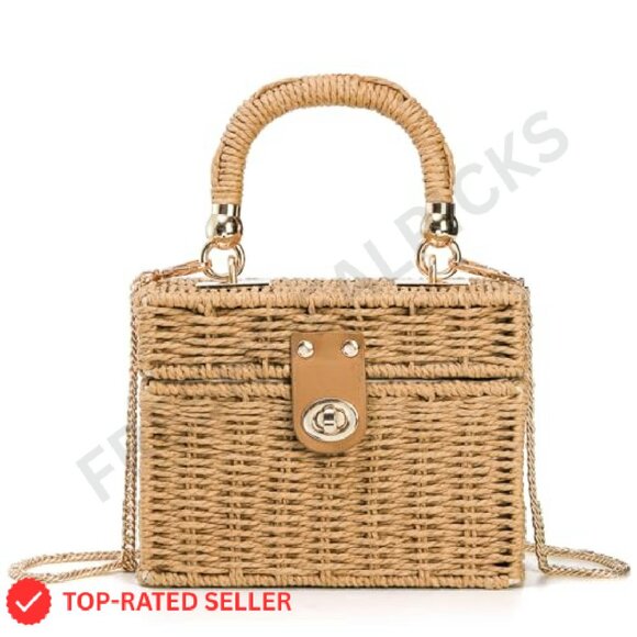 Vintage Rattan Crossbody Bag Handmade Wicker Tote Boho Chic Summer Beach - Picture 5 of 8